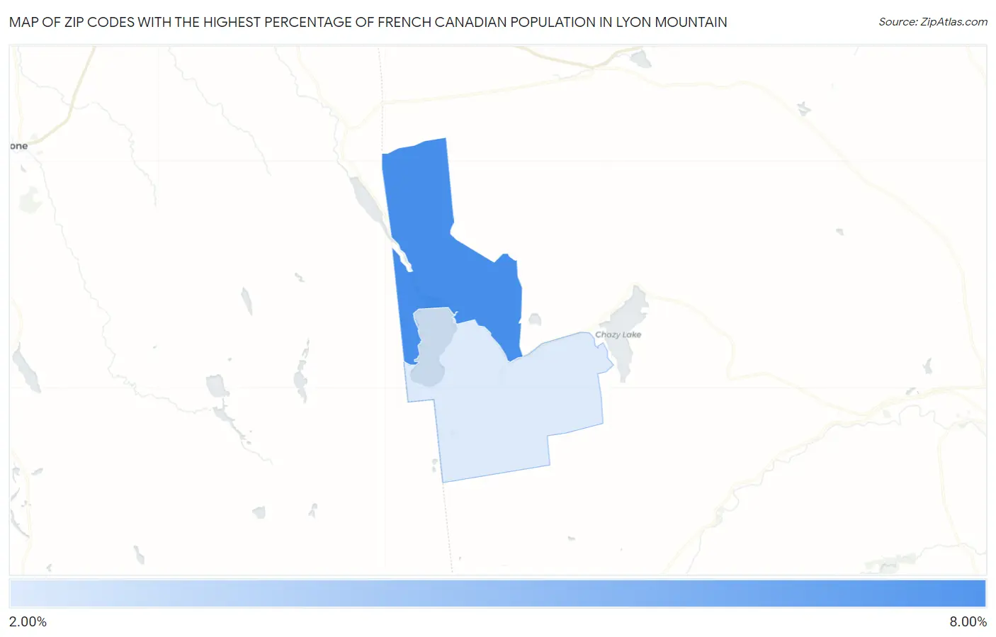 Zip Codes with the Highest Percentage of French Canadian Population in Lyon Mountain Map