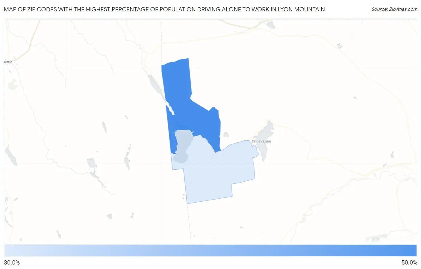 Zip Codes with the Highest Percentage of Population Driving Alone to Work in Lyon Mountain Map