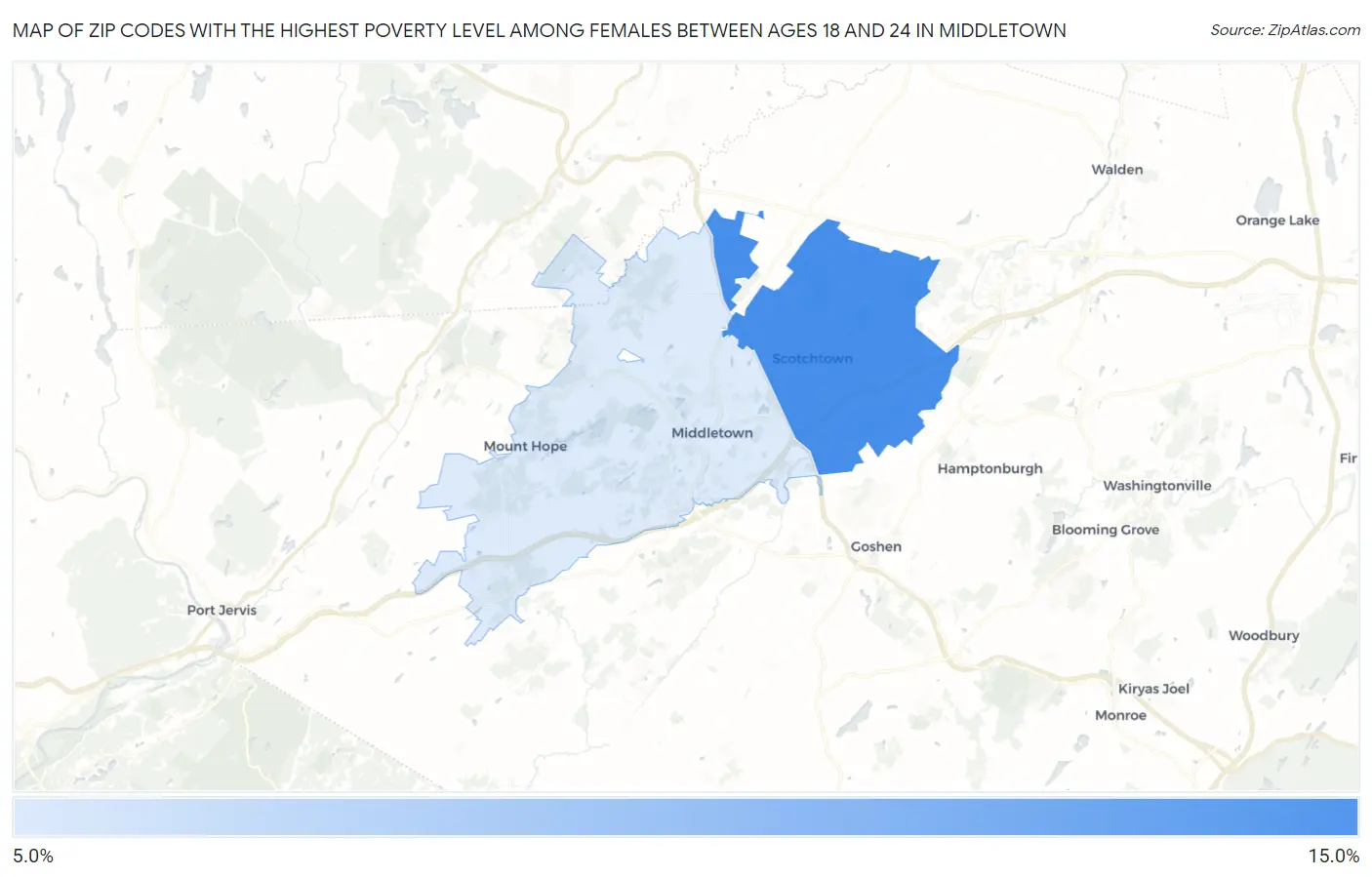 Zip Codes with the Highest Poverty Level Among Females Between Ages 18 and 24 in Middletown Map