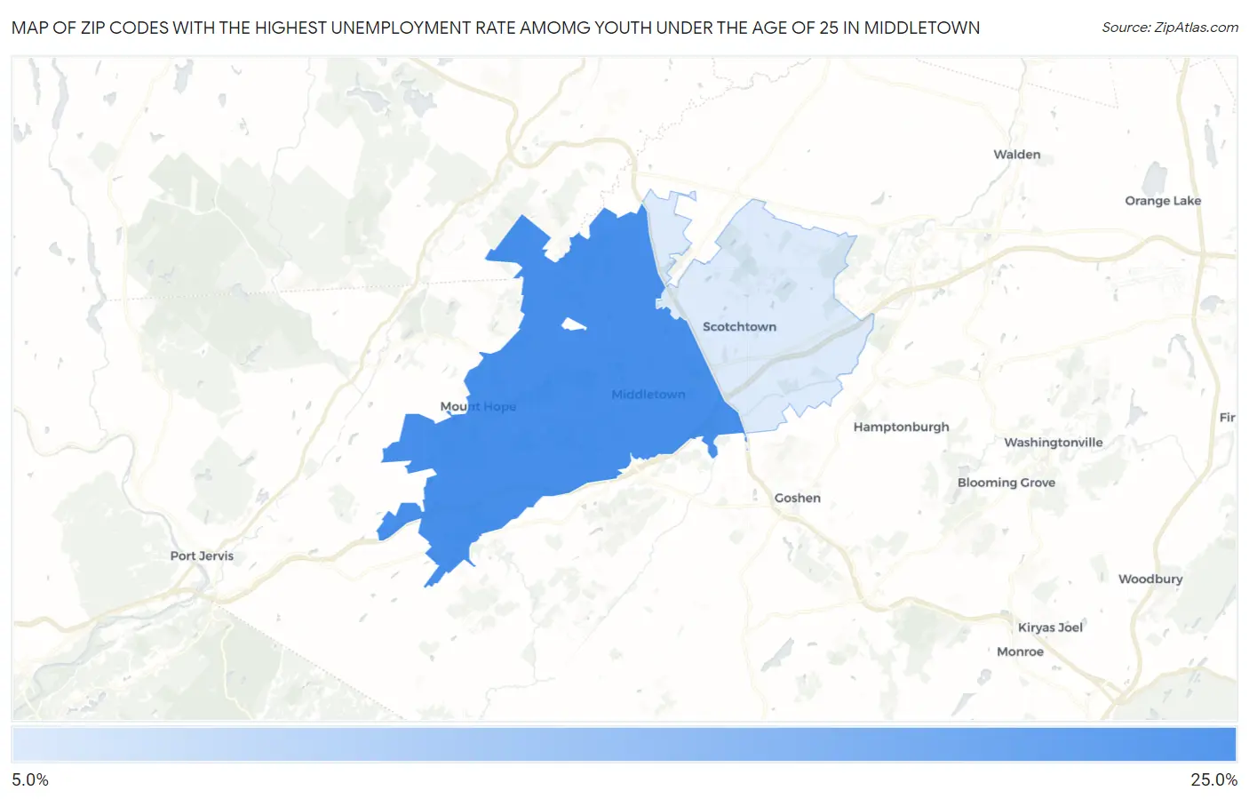 Zip Codes with the Highest Unemployment Rate Amomg Youth Under the Age of 25 in Middletown Map