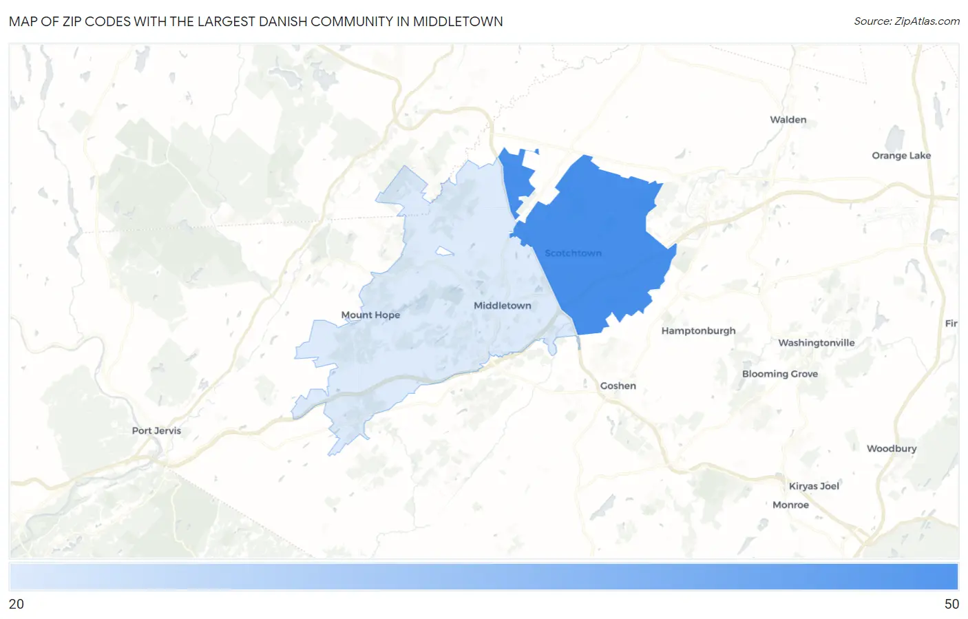 Zip Codes with the Largest Danish Community in Middletown Map