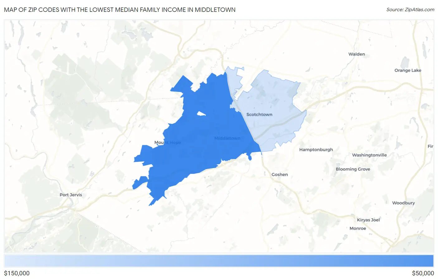 Zip Codes with the Lowest Median Family Income in Middletown Map