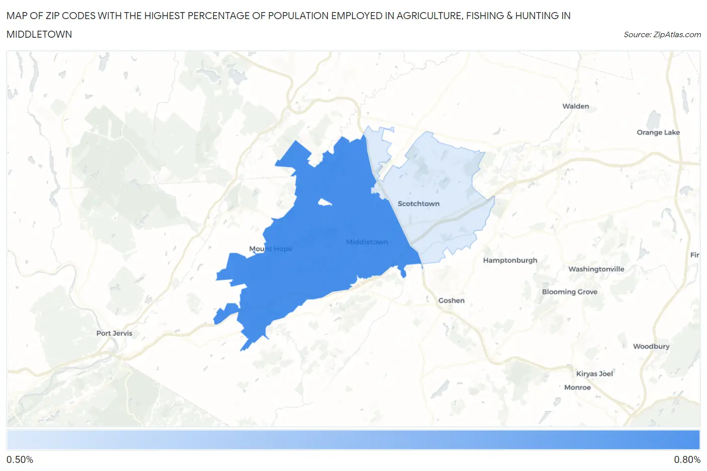 Zip Codes with the Highest Percentage of Population Employed in Agriculture, Fishing & Hunting in Middletown Map