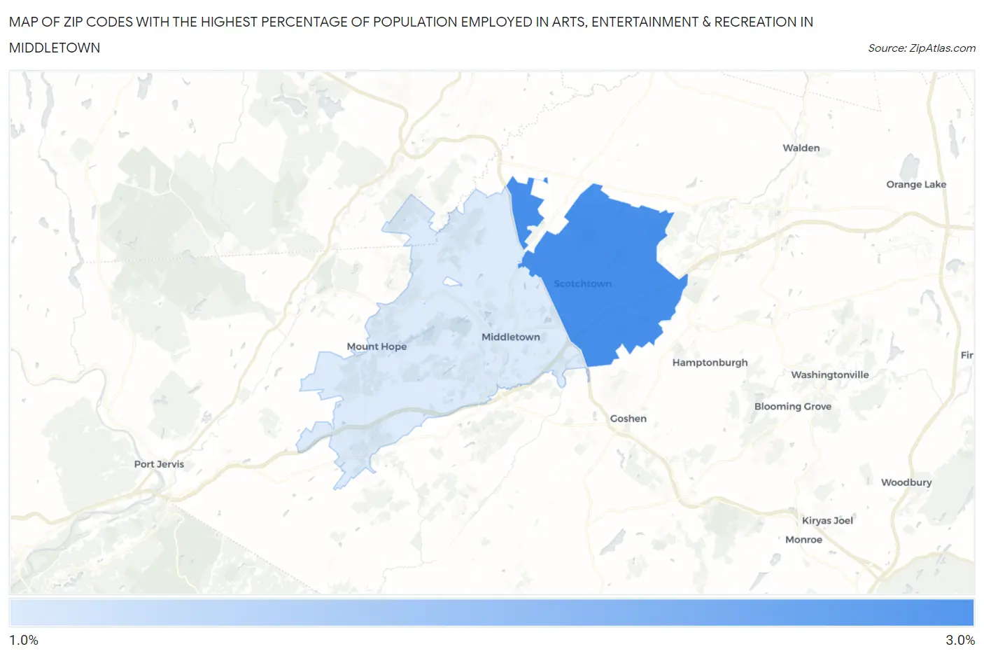 Zip Codes with the Highest Percentage of Population Employed in Arts, Entertainment & Recreation in Middletown Map