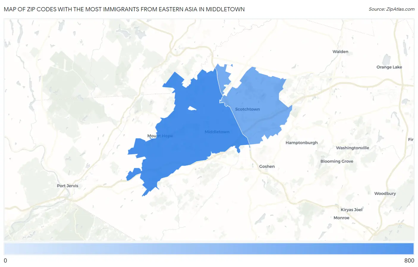 Zip Codes with the Most Immigrants from Eastern Asia in Middletown Map