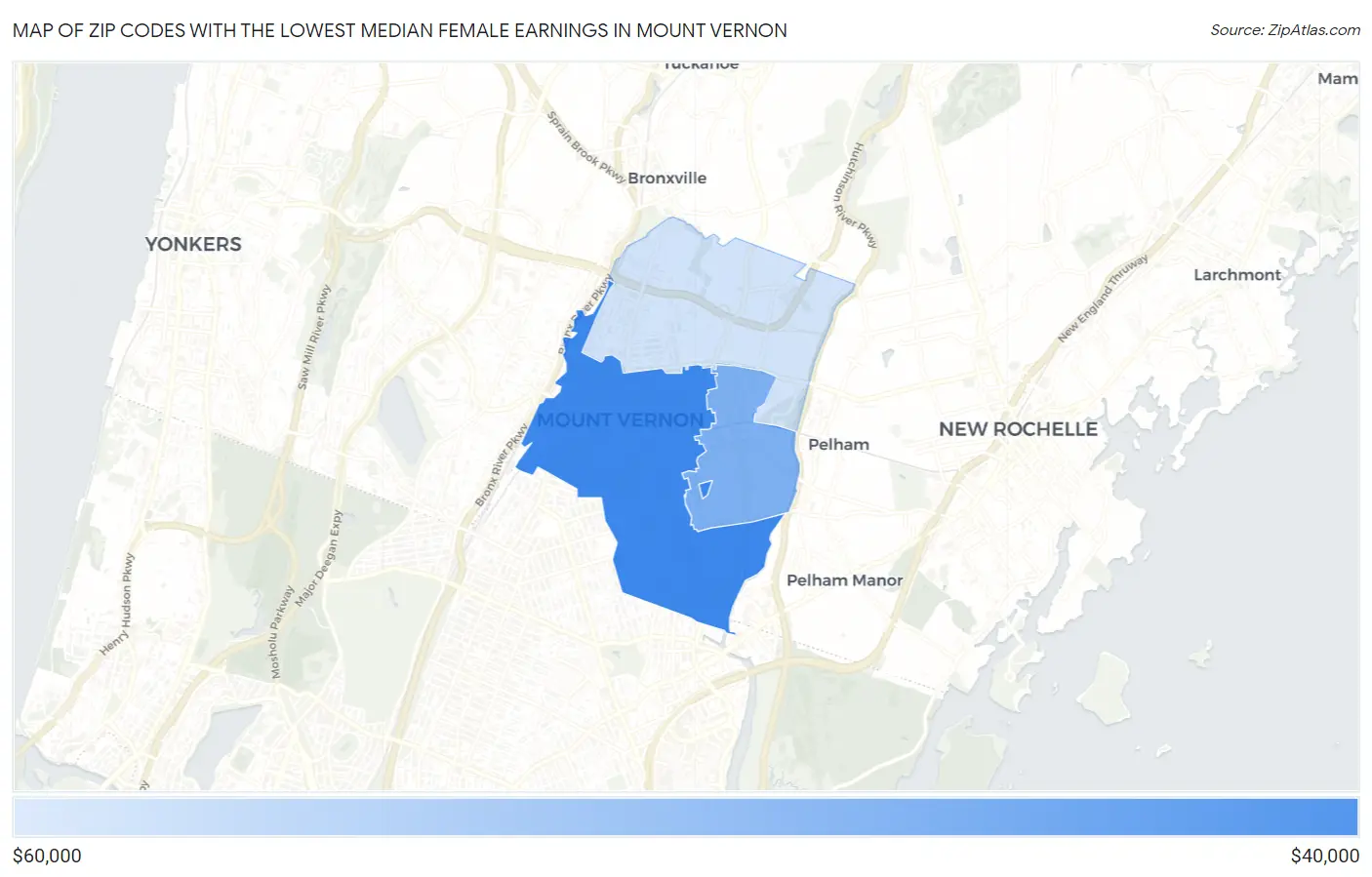 Zip Codes with the Lowest Median Female Earnings in Mount Vernon Map