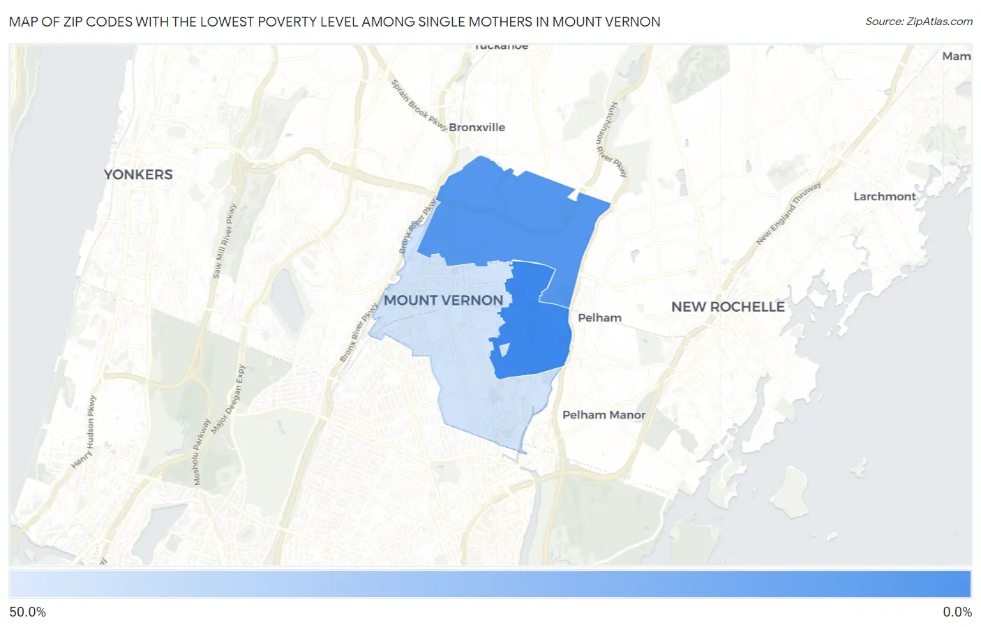 Zip Codes with the Lowest Poverty Level Among Single Mothers in Mount Vernon Map
