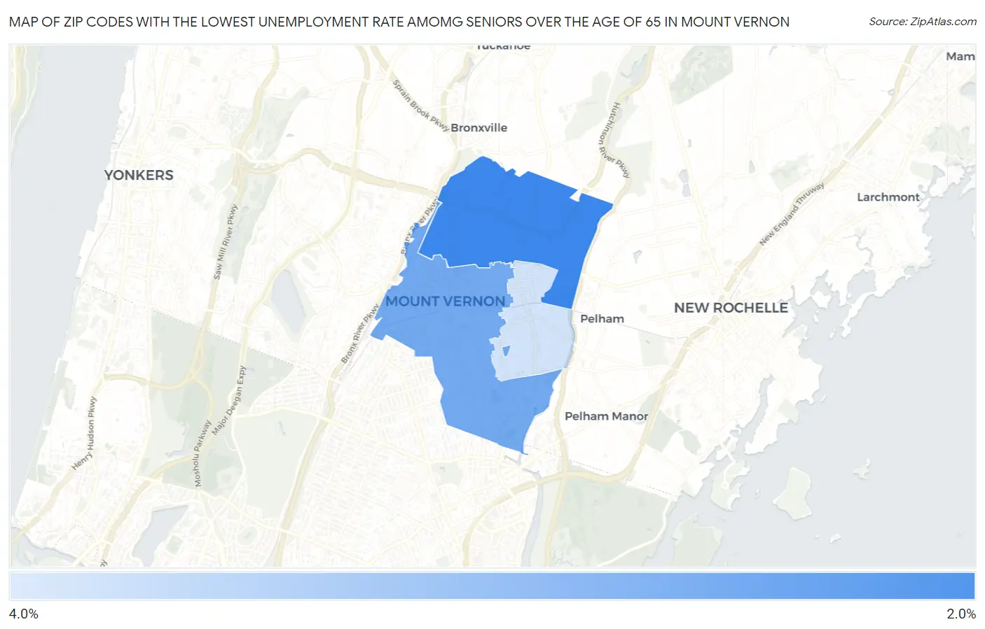 Zip Codes with the Lowest Unemployment Rate Amomg Seniors Over the Age of 65 in Mount Vernon Map