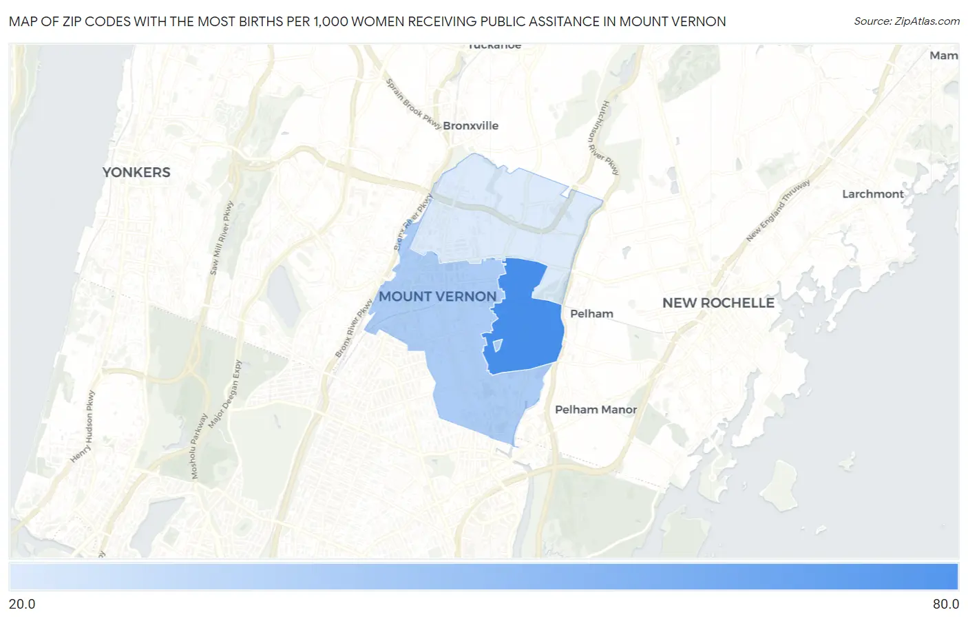 Zip Codes with the Most Births per 1,000 Women Receiving Public Assitance in Mount Vernon Map