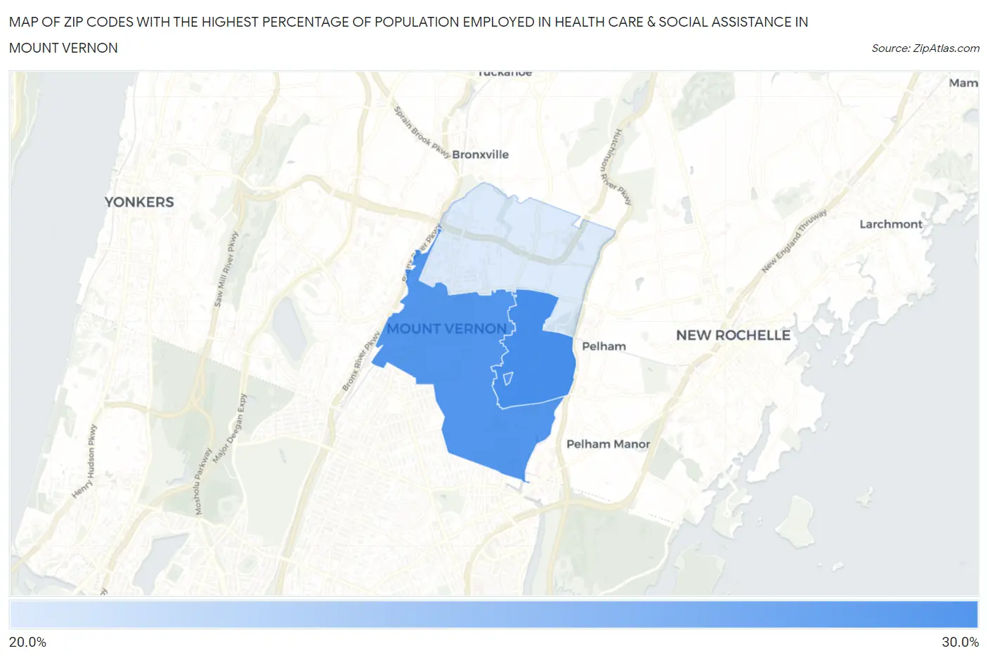 Zip Codes with the Highest Percentage of Population Employed in Health Care & Social Assistance in Mount Vernon Map