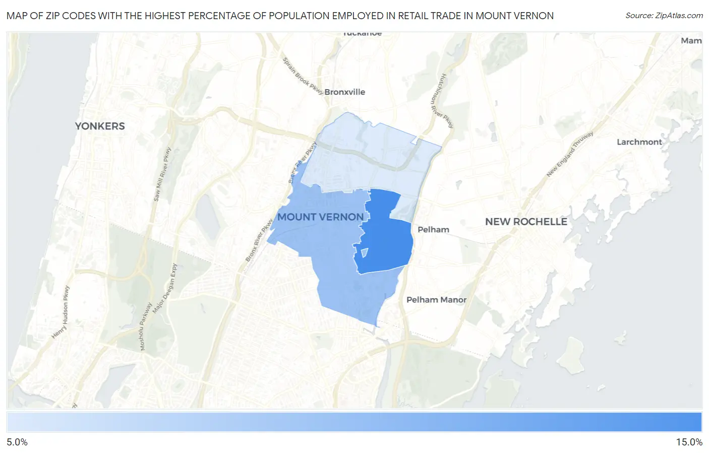 Zip Codes with the Highest Percentage of Population Employed in Retail Trade in Mount Vernon Map