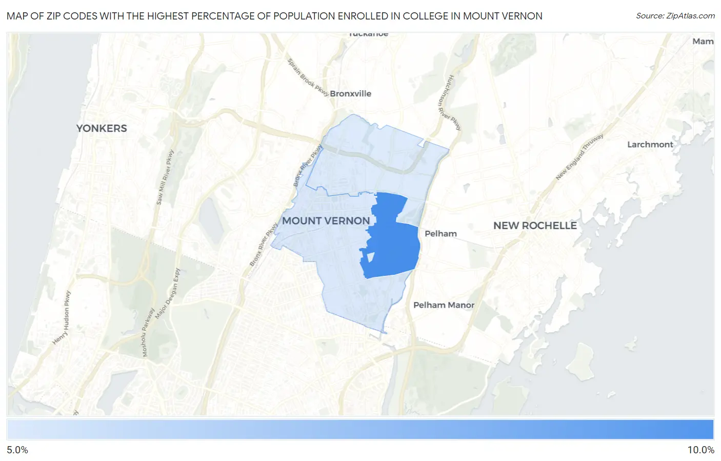 Zip Codes with the Highest Percentage of Population Enrolled in College in Mount Vernon Map