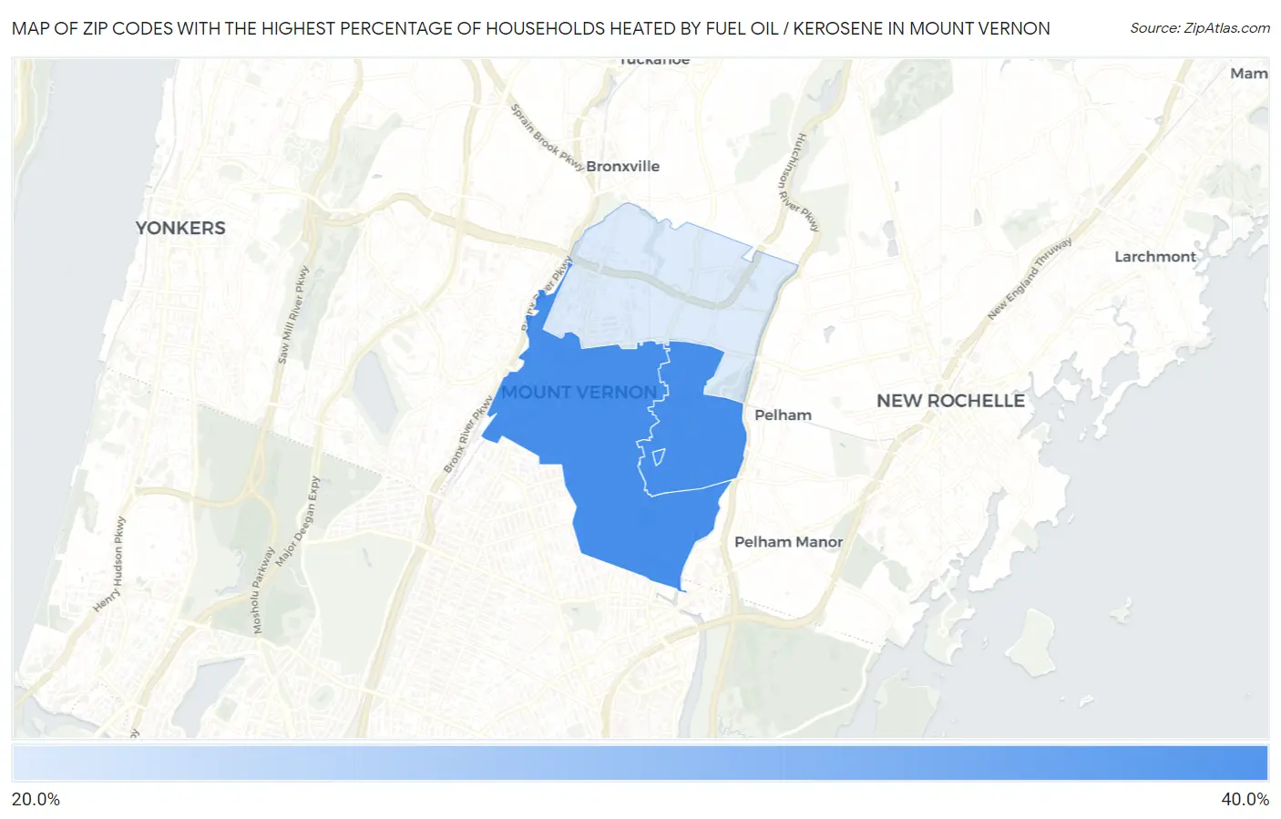 Zip Codes with the Highest Percentage of Households Heated by Fuel Oil / Kerosene in Mount Vernon Map