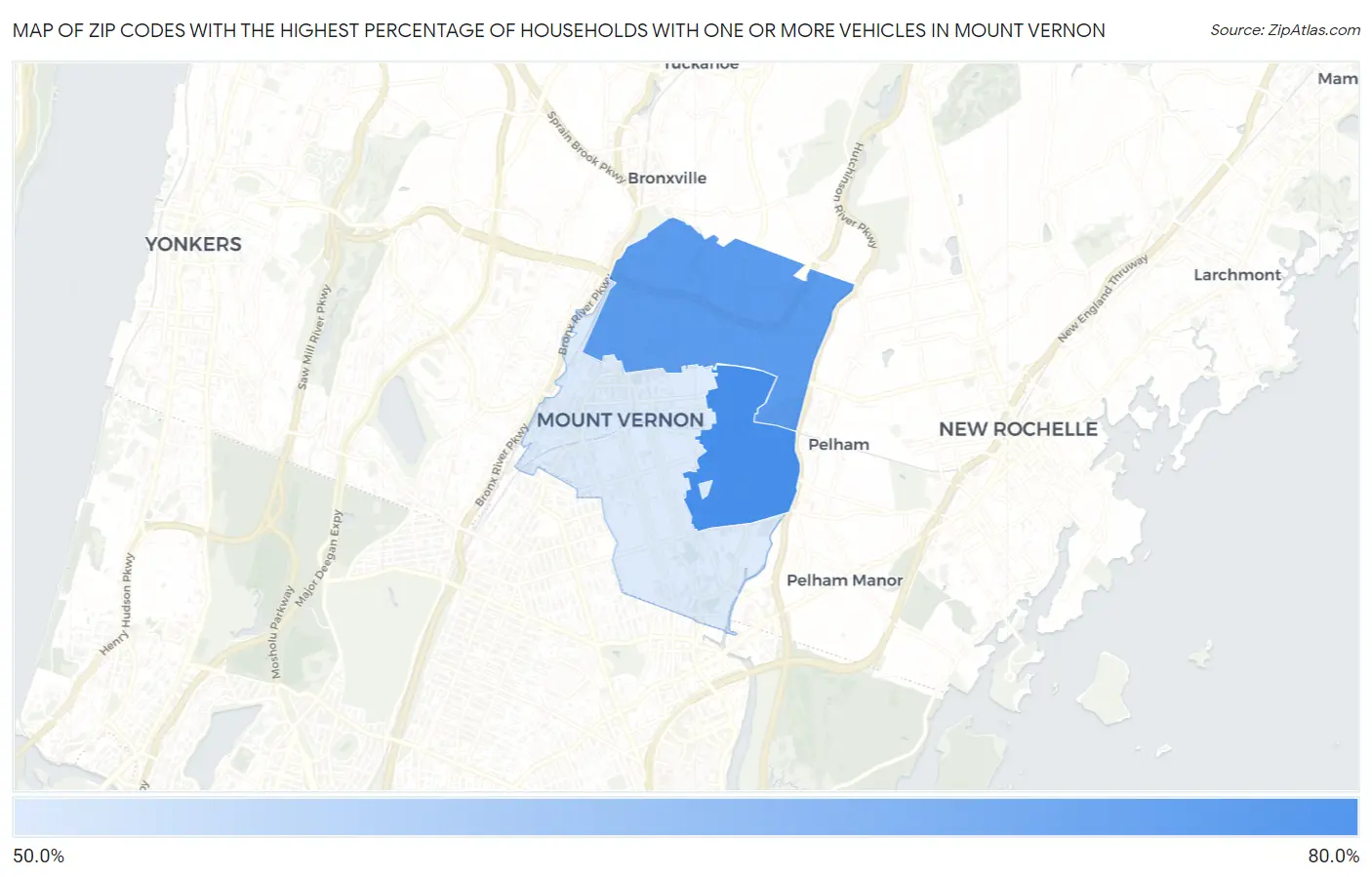 Zip Codes with the Highest Percentage of Households With One or more Vehicles in Mount Vernon Map