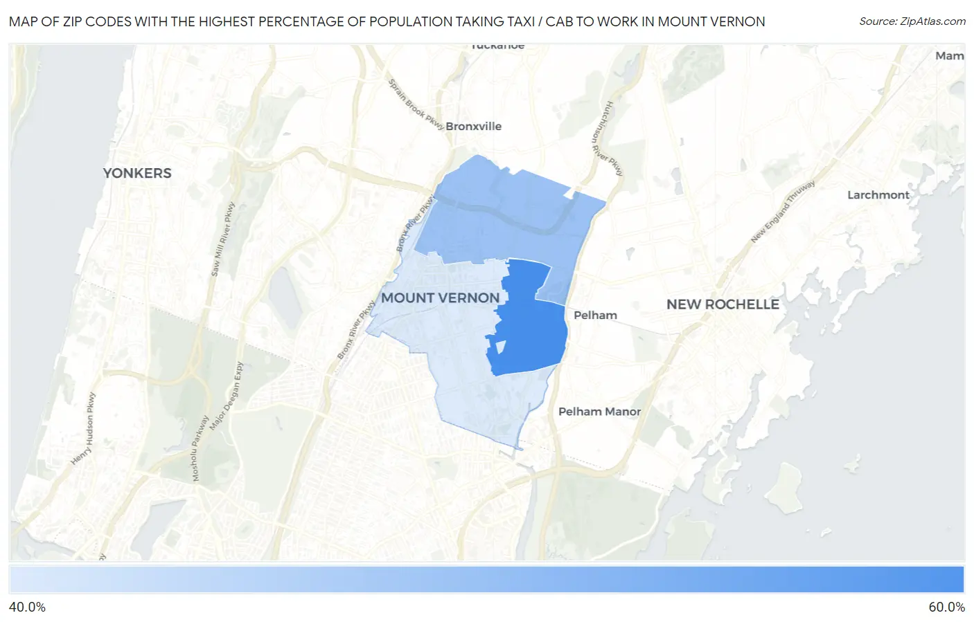 Zip Codes with the Highest Percentage of Population Taking Taxi / Cab to Work in Mount Vernon Map