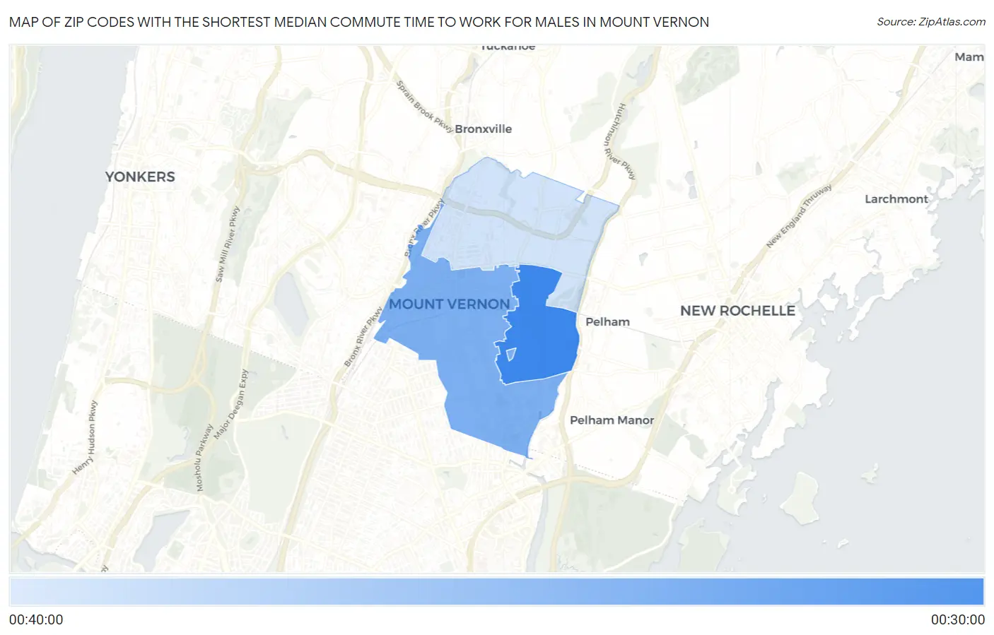 Zip Codes with the Shortest Median Commute Time to Work for Males in Mount Vernon Map