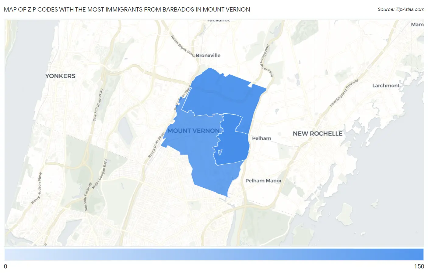 Zip Codes with the Most Immigrants from Barbados in Mount Vernon Map
