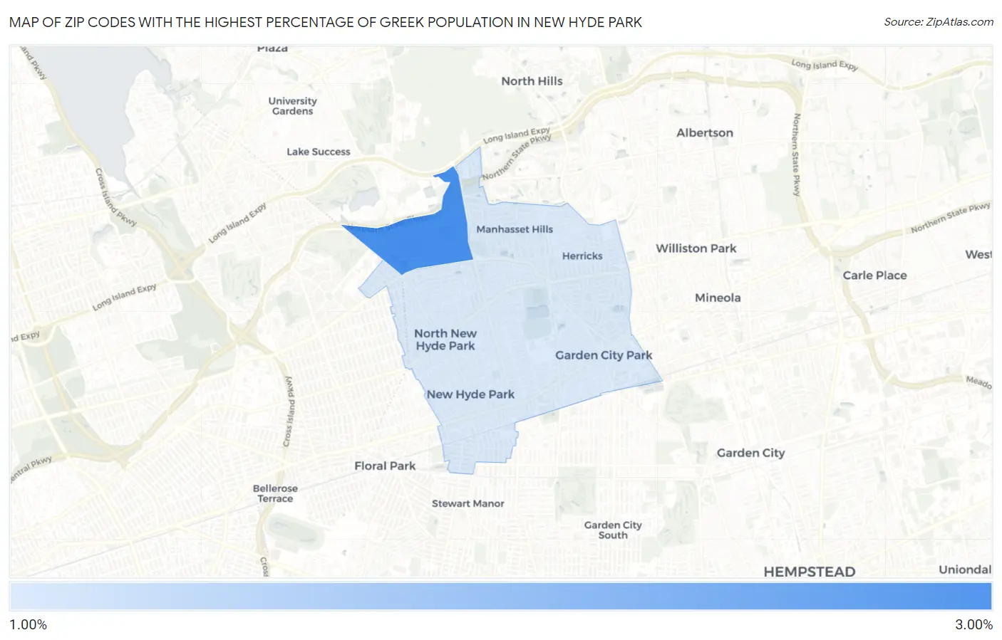 Zip Codes with the Highest Percentage of Greek Population in New Hyde Park Map