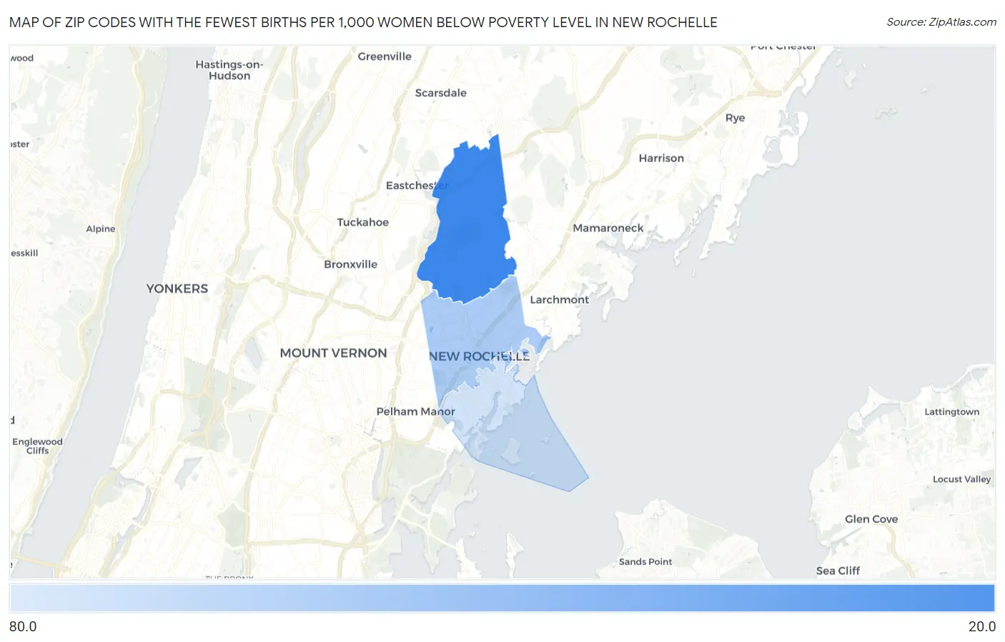 Zip Codes with the Fewest Births per 1,000 Women Below Poverty Level in New Rochelle Map