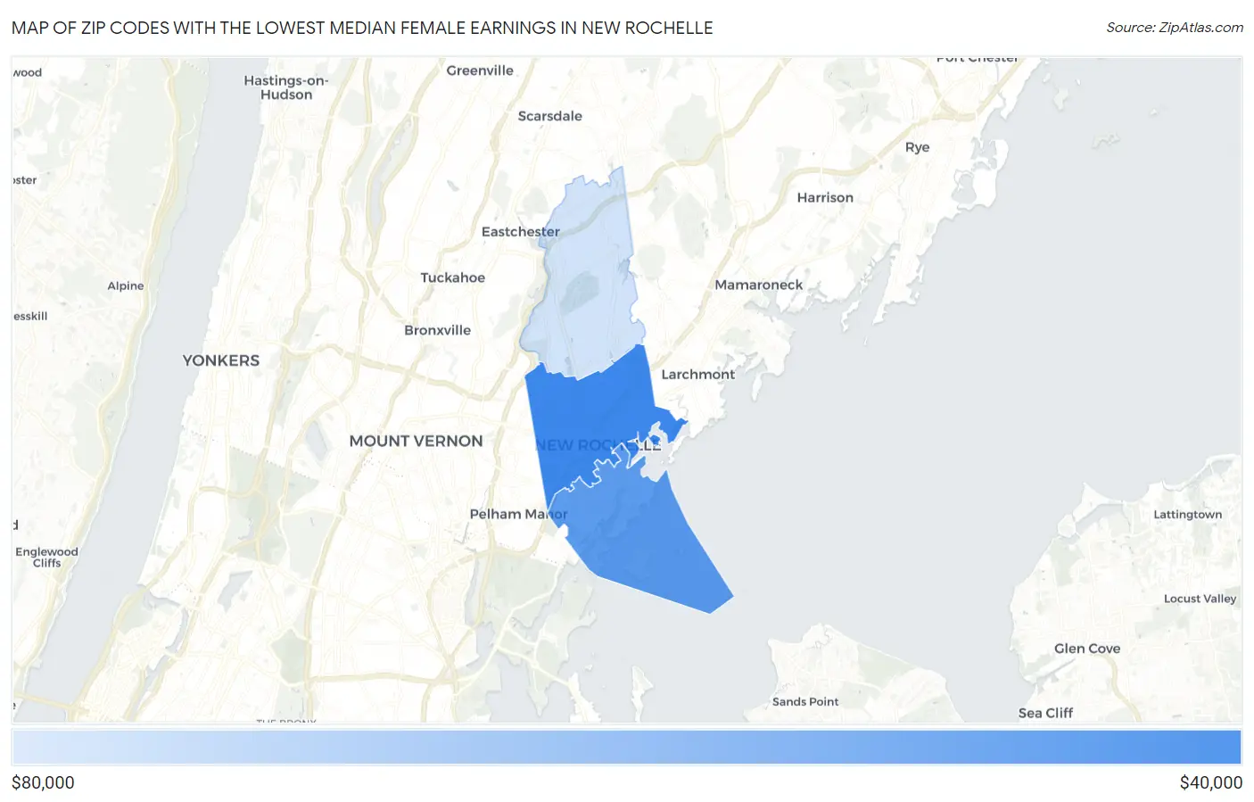 Zip Codes with the Lowest Median Female Earnings in New Rochelle Map