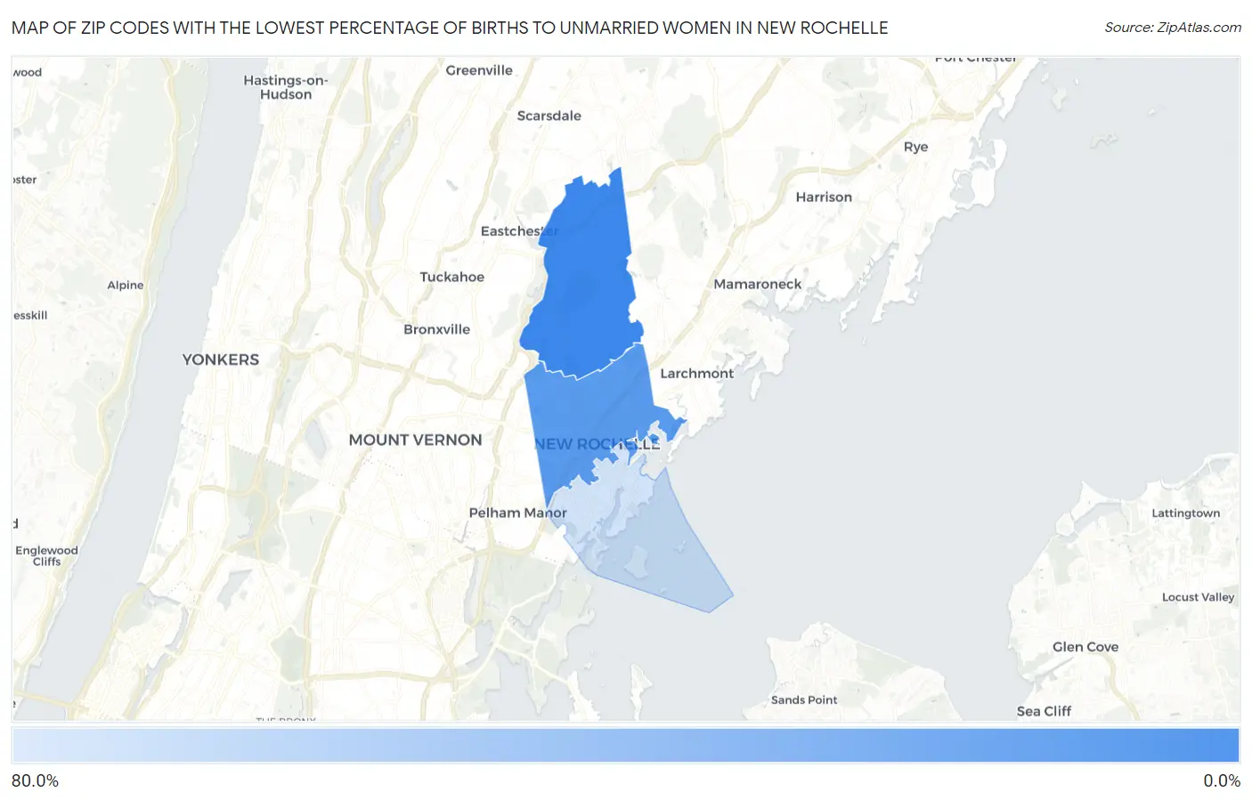 Zip Codes with the Lowest Percentage of Births to Unmarried Women in New Rochelle Map