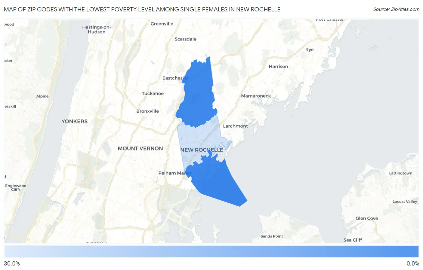 Zip Codes with the Lowest Poverty Level Among Single Females in New Rochelle Map