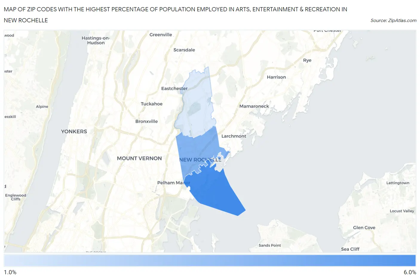 Zip Codes with the Highest Percentage of Population Employed in Arts, Entertainment & Recreation in New Rochelle Map