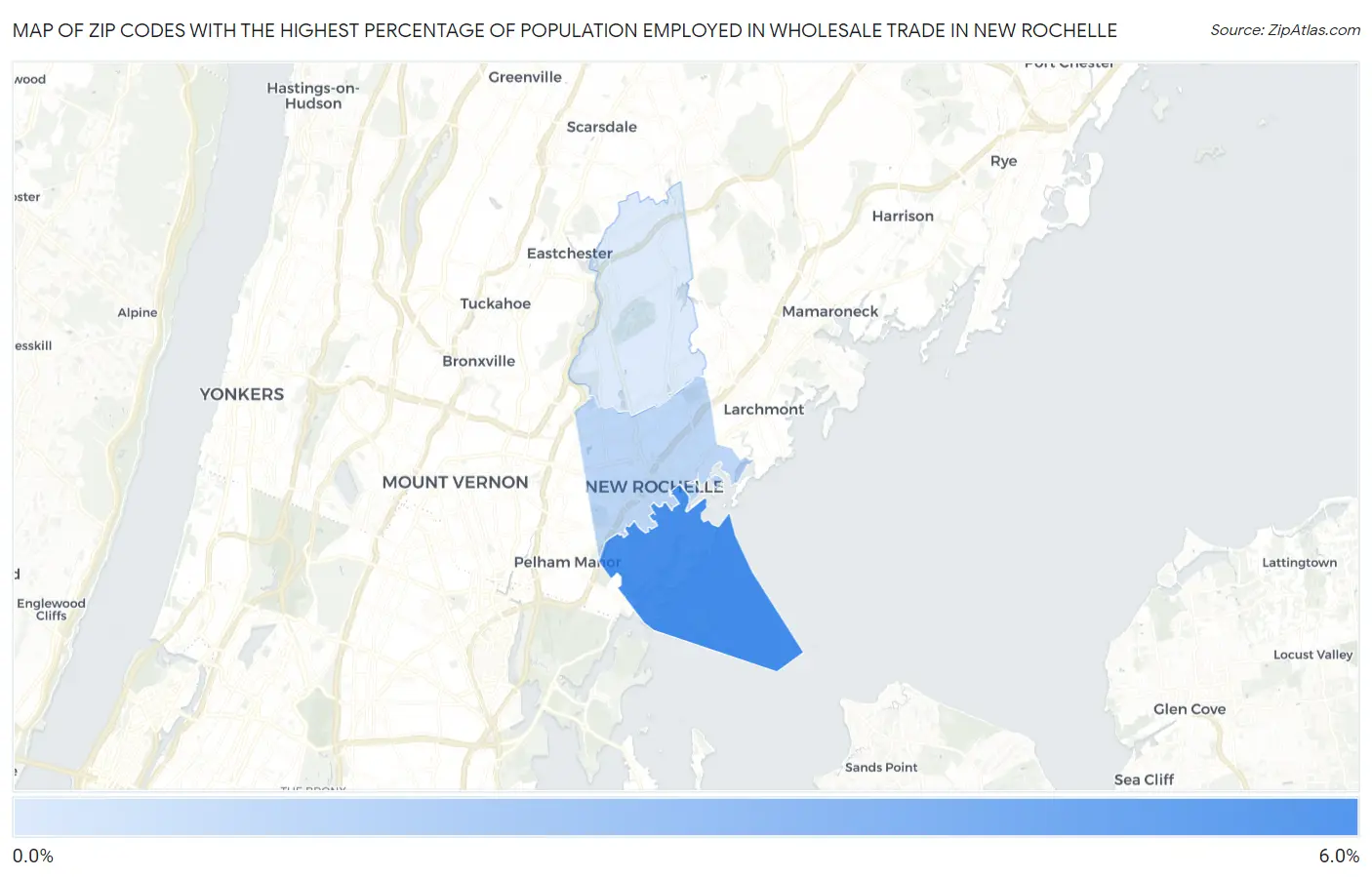 Zip Codes with the Highest Percentage of Population Employed in Wholesale Trade in New Rochelle Map