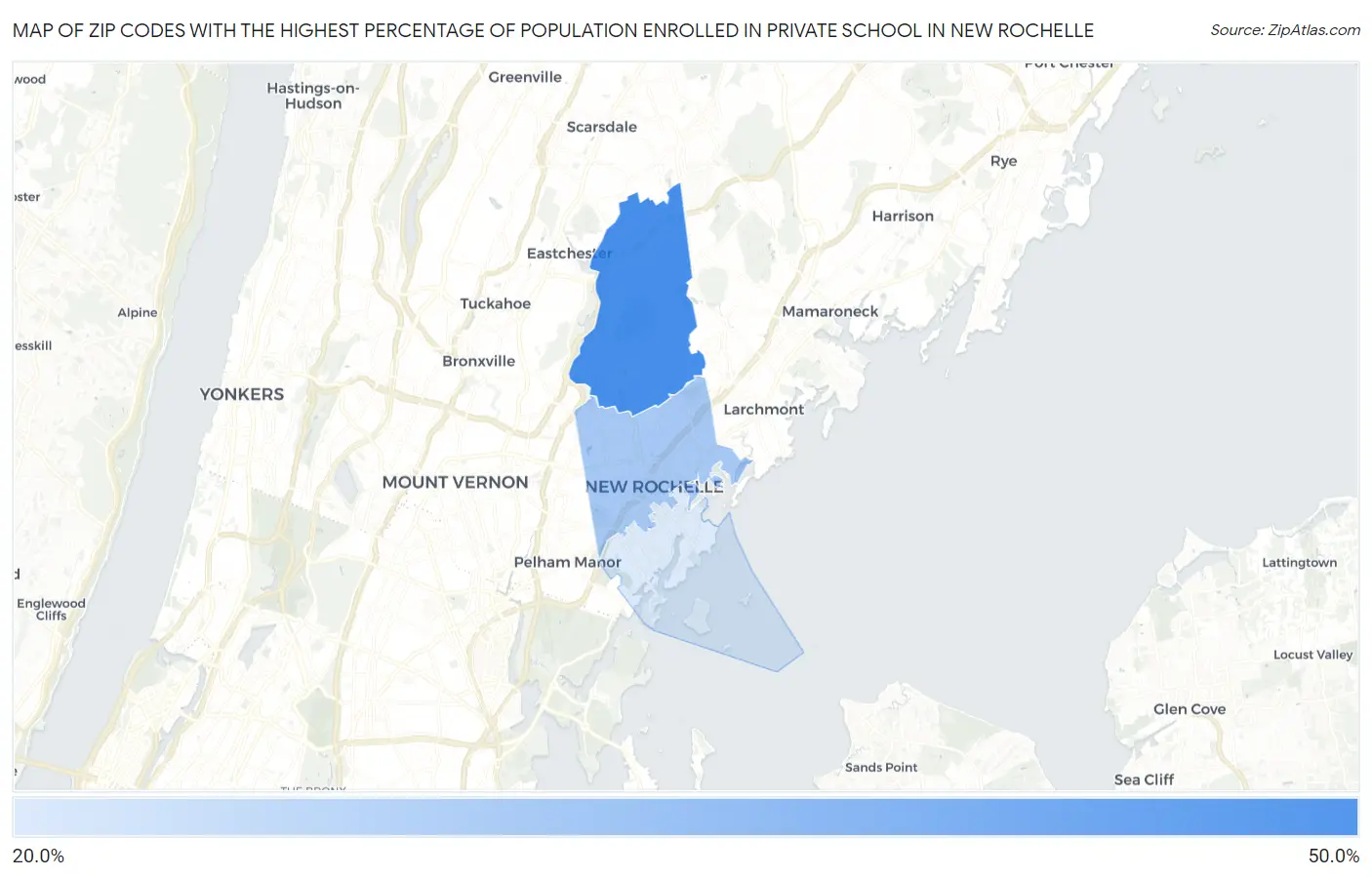Zip Codes with the Highest Percentage of Population Enrolled in Private School in New Rochelle Map