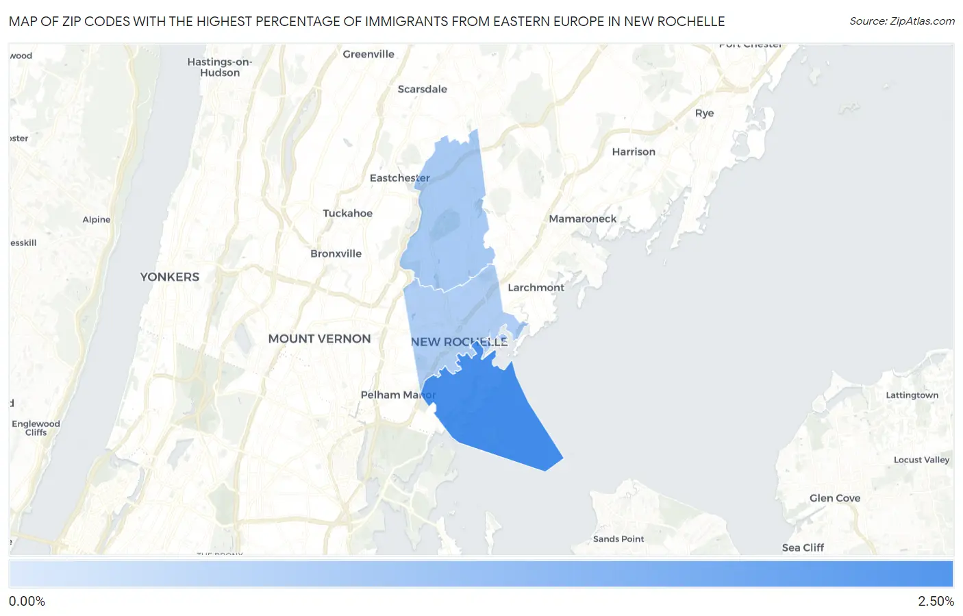 Zip Codes with the Highest Percentage of Immigrants from Eastern Europe in New Rochelle Map