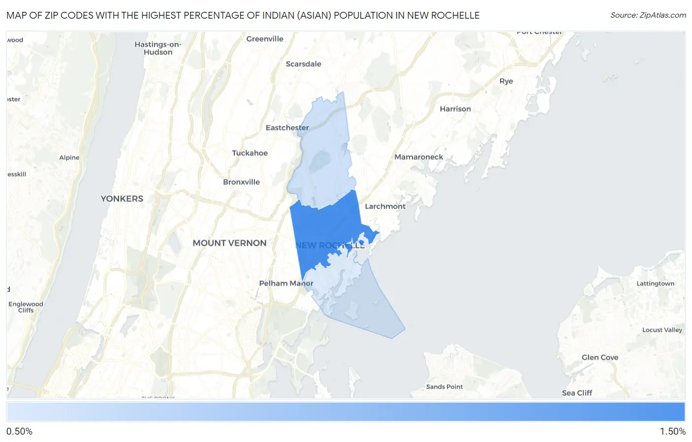 Zip Codes with the Highest Percentage of Indian (Asian) Population in New Rochelle Map
