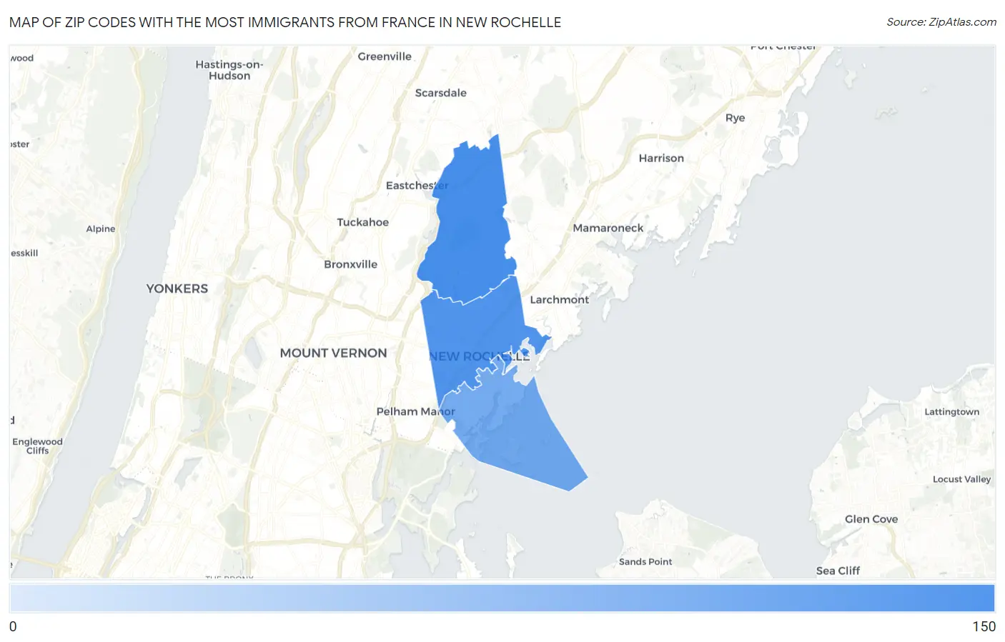 Zip Codes with the Most Immigrants from France in New Rochelle Map