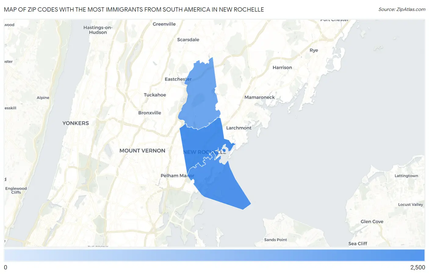 Zip Codes with the Most Immigrants from South America in New Rochelle Map