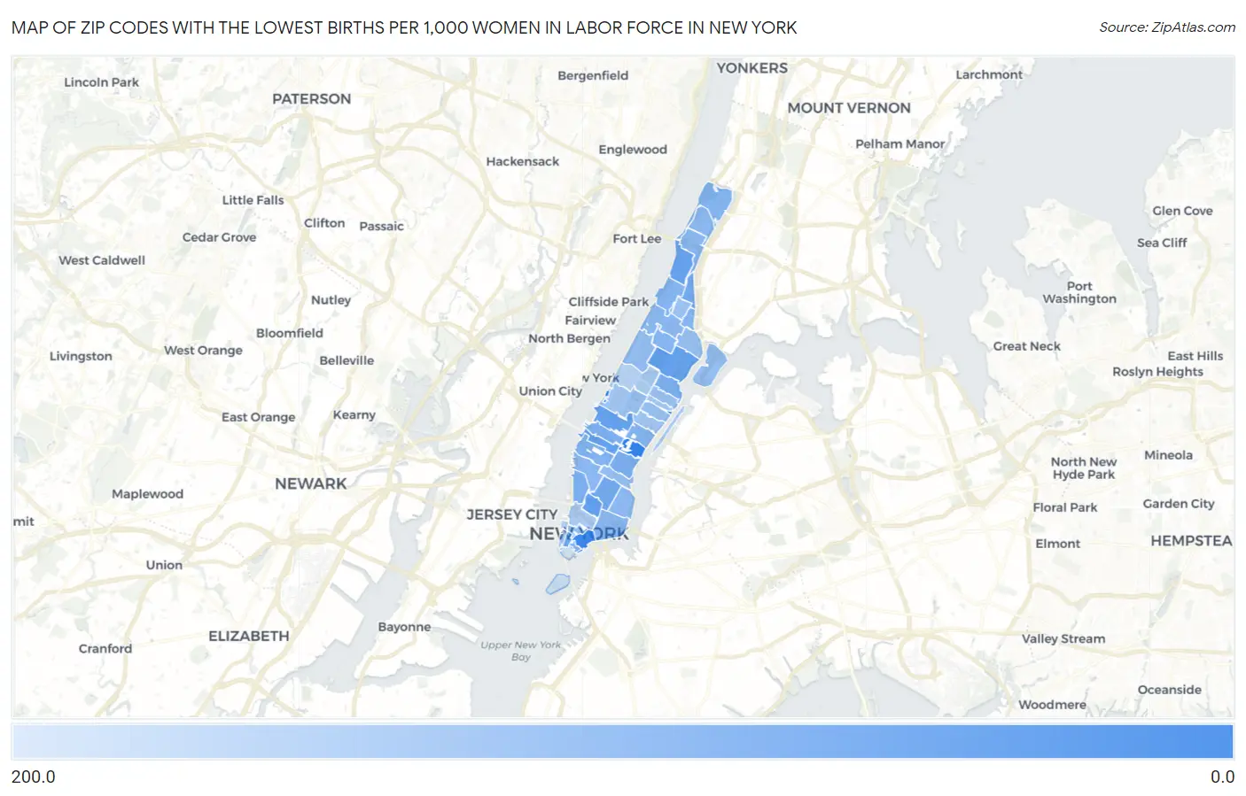 Zip Codes with the Lowest Births per 1,000 Women in Labor Force in New York Map