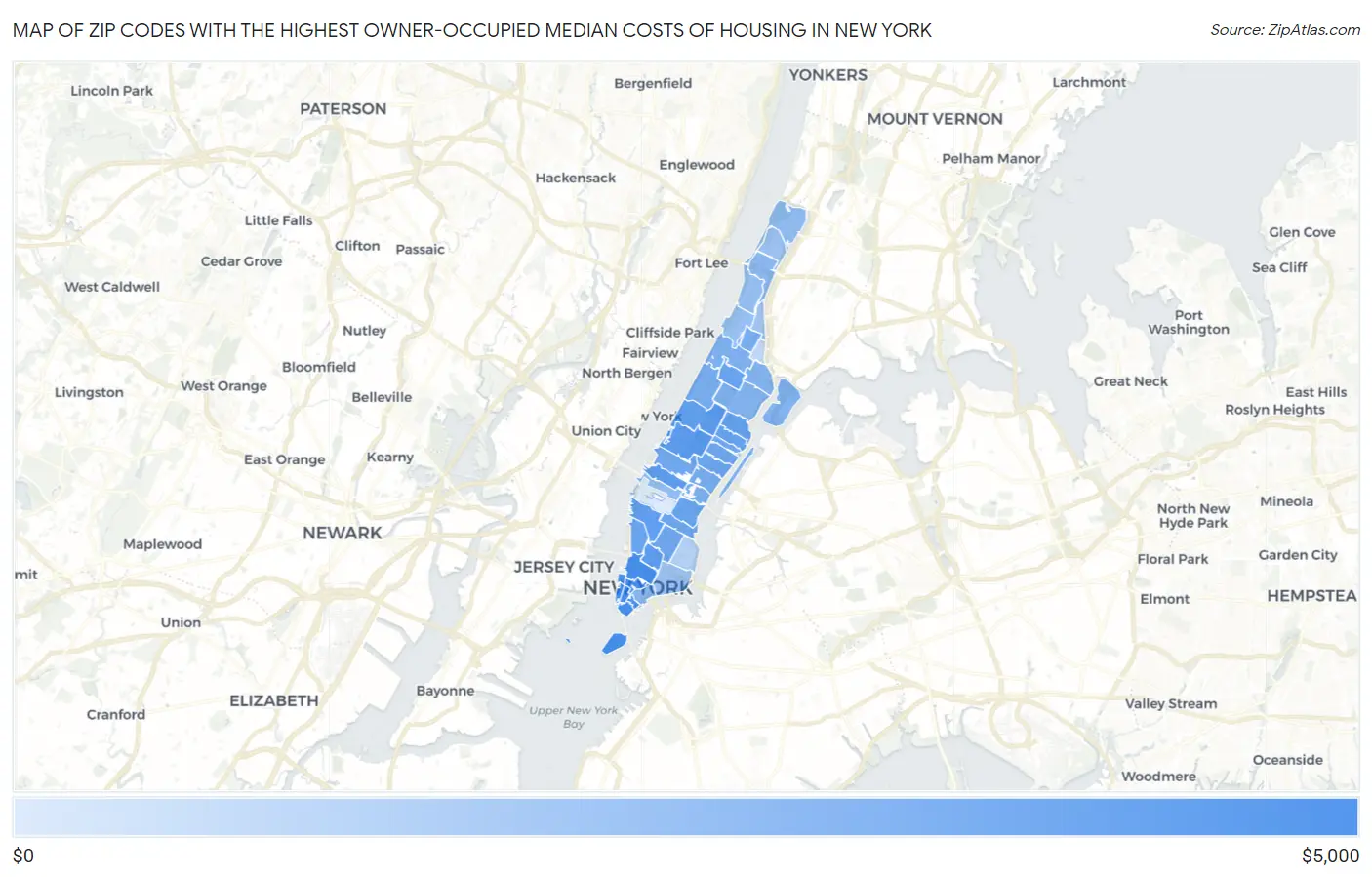 Zip Codes with the Highest Owner-Occupied Median Costs of Housing in New York Map