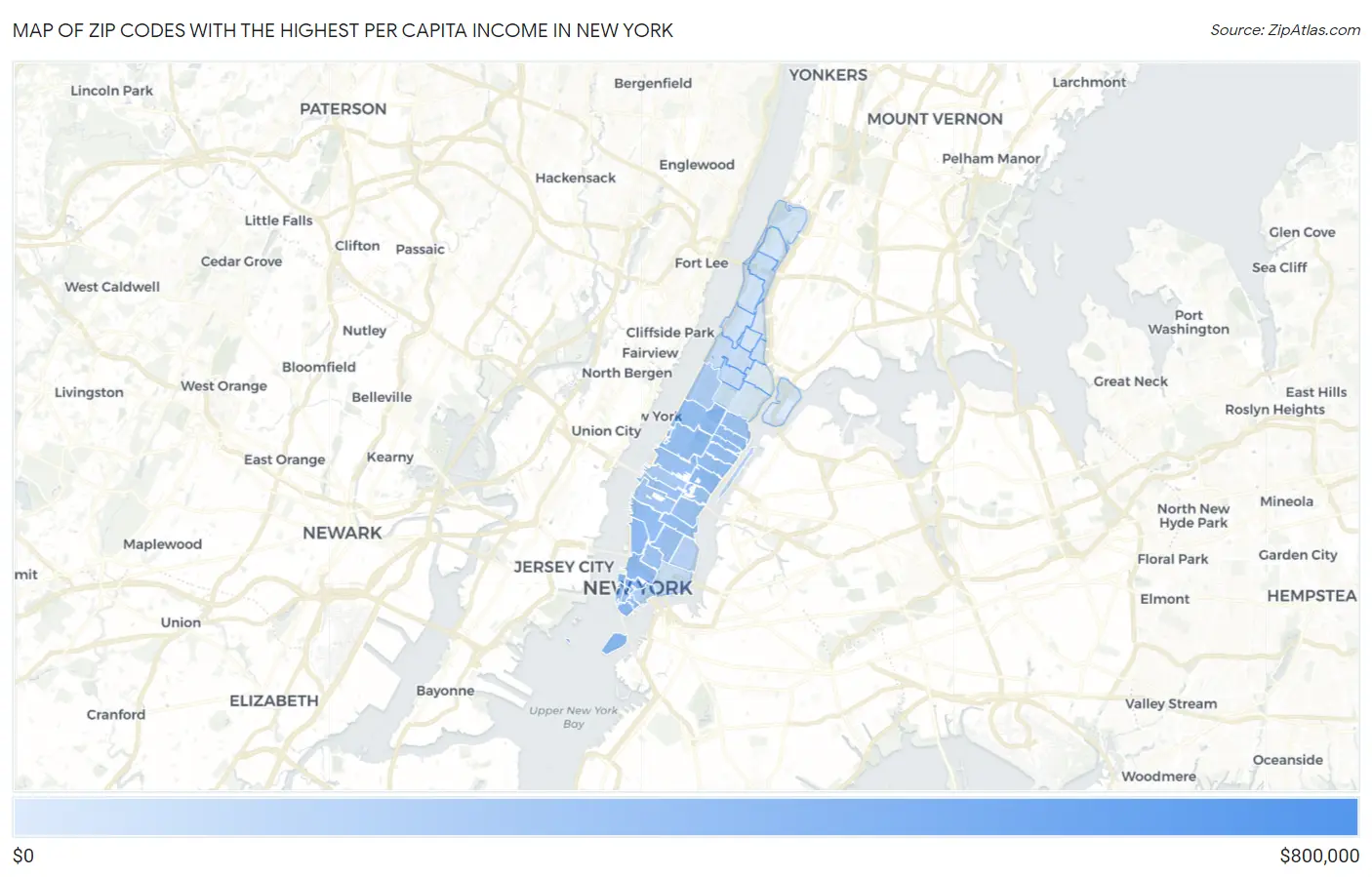 Zip Codes with the Highest Per Capita Income in New York Map