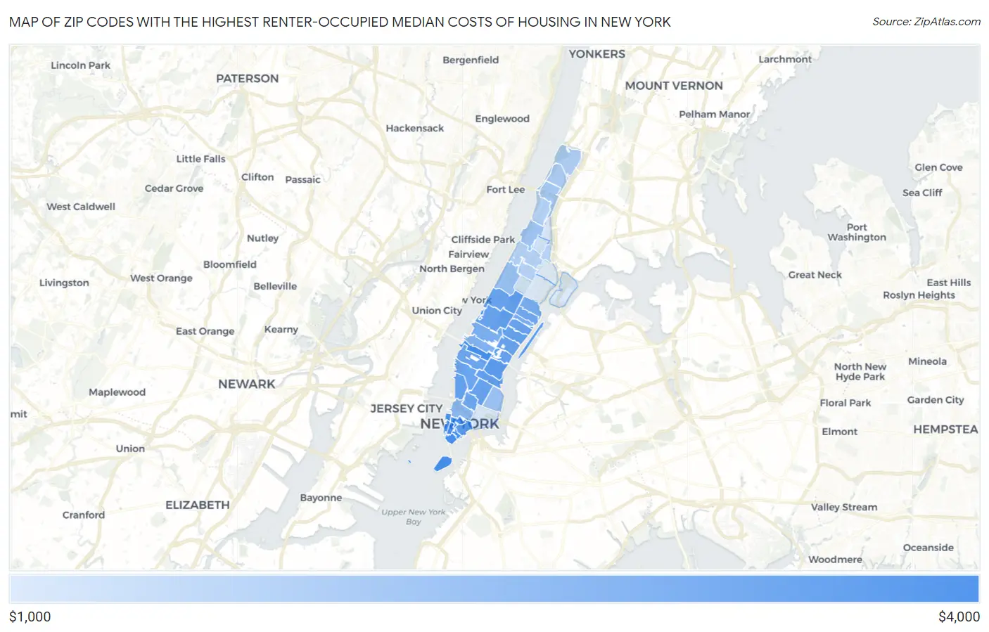 Zip Codes with the Highest Renter-Occupied Median Costs of Housing in New York Map