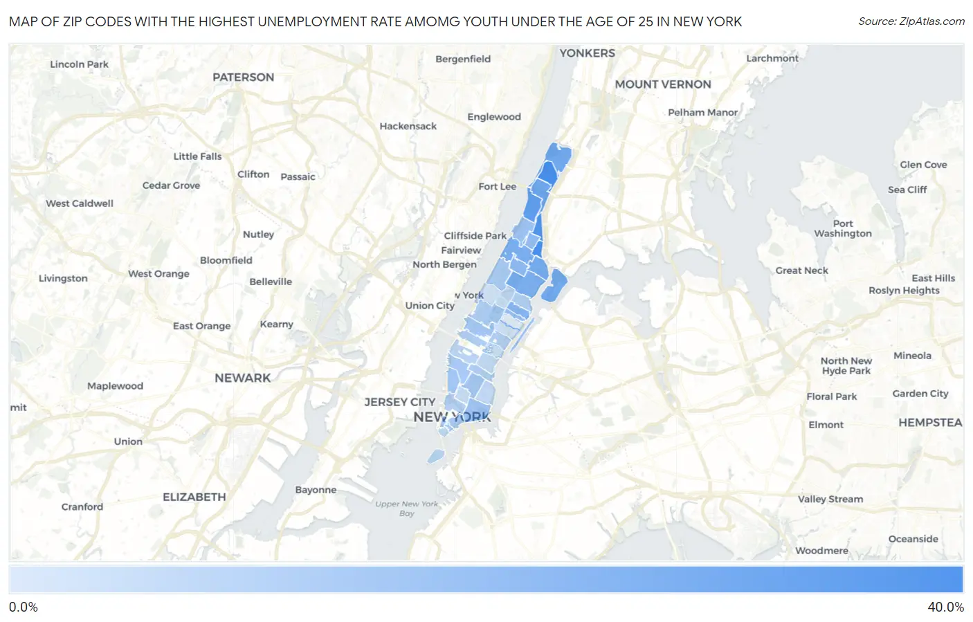 Zip Codes with the Highest Unemployment Rate Amomg Youth Under the Age of 25 in New York Map