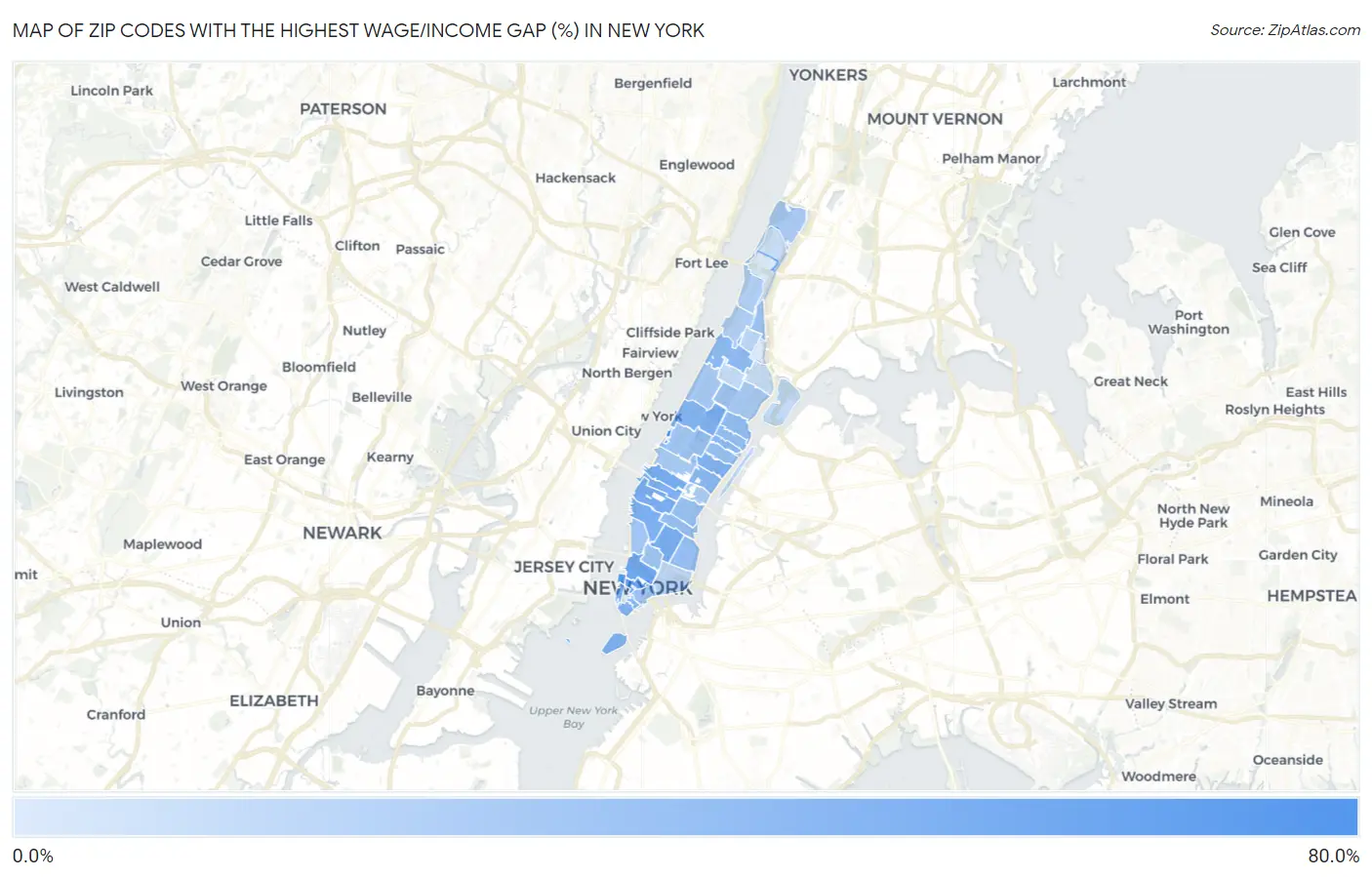 Zip Codes with the Highest Wage/Income Gap (%) in New York Map