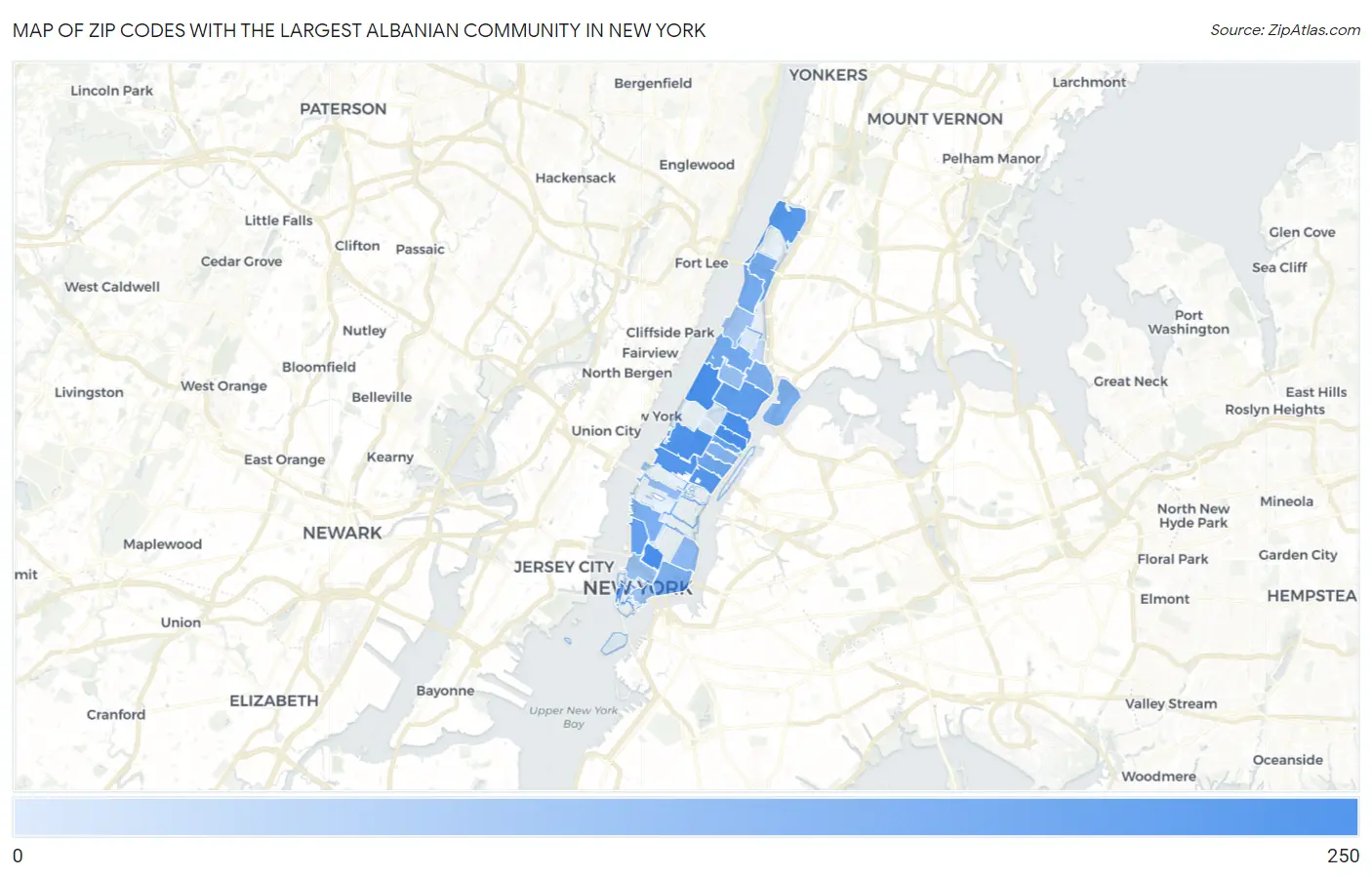Zip Codes with the Largest Albanian Community in New York Map