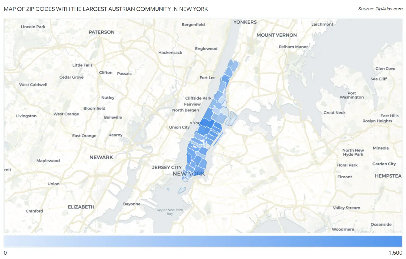 Zip Codes with the Largest Austrian Community in New York Map