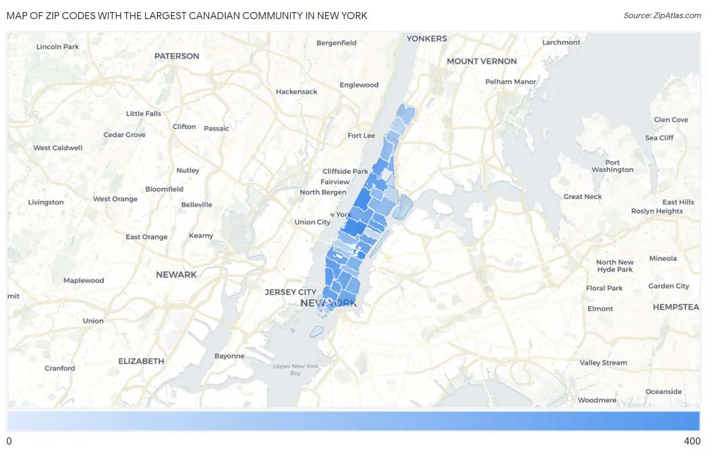 Zip Codes with the Largest Canadian Community in New York Map