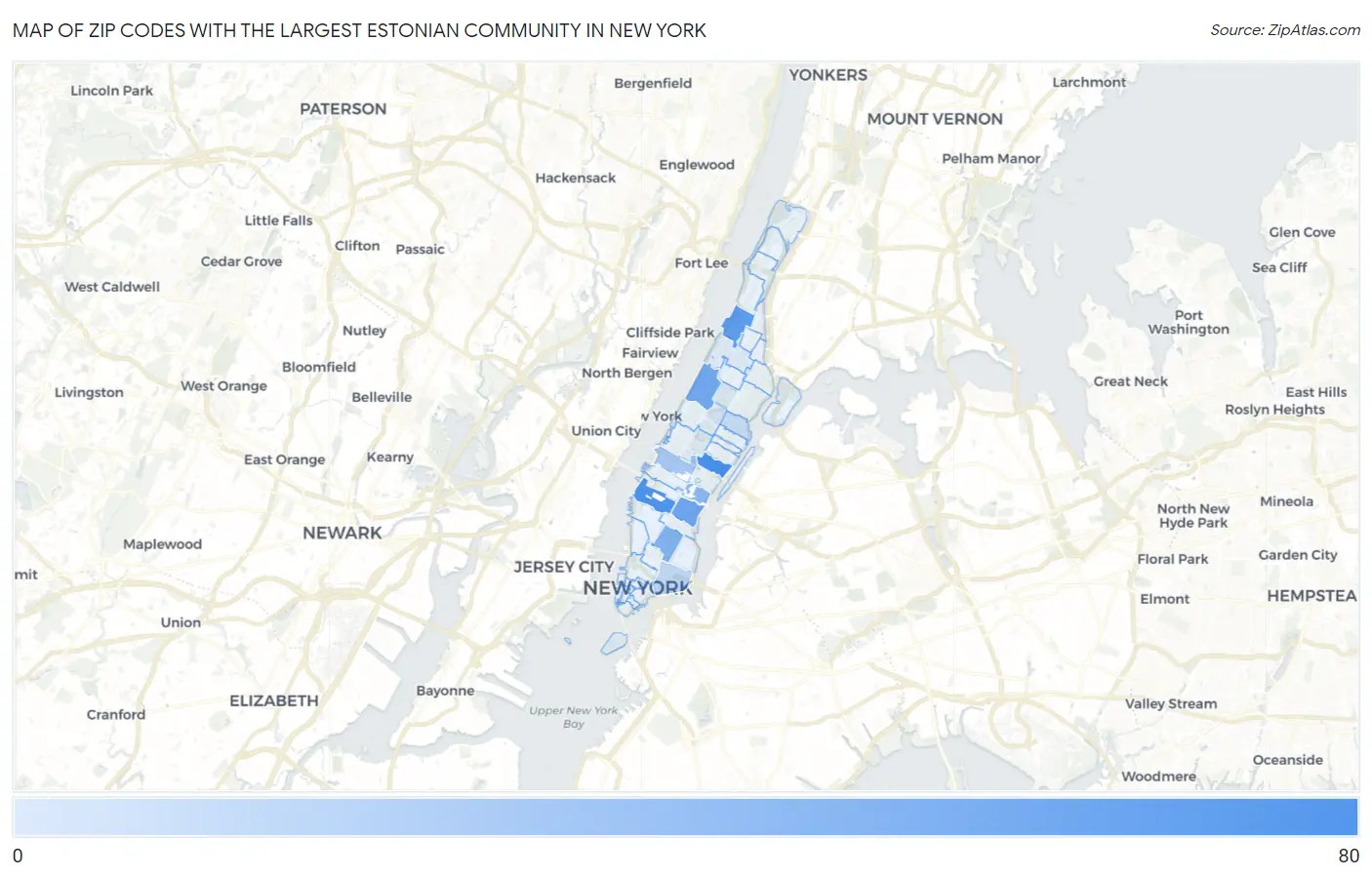 Zip Codes with the Largest Estonian Community in New York Map
