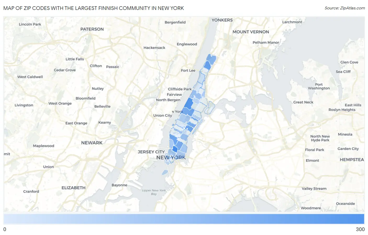 Zip Codes with the Largest Finnish Community in New York Map
