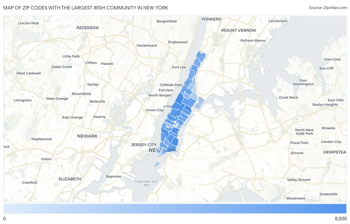 Zip Codes with the Largest Irish Community in New York Map