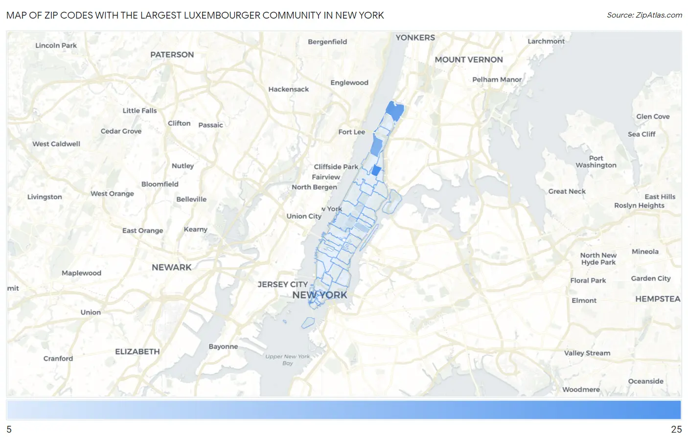Zip Codes with the Largest Luxembourger Community in New York Map