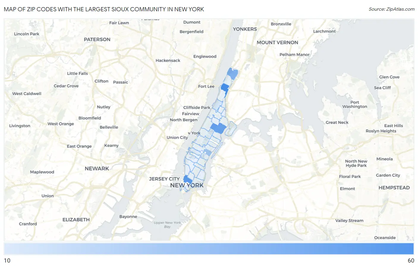 Zip Codes with the Largest Sioux Community in New York Map