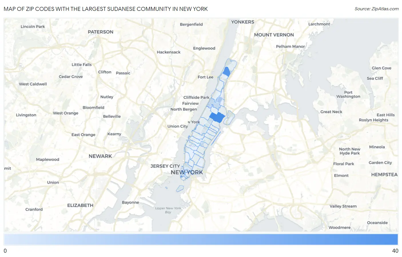 Zip Codes with the Largest Sudanese Community in New York Map