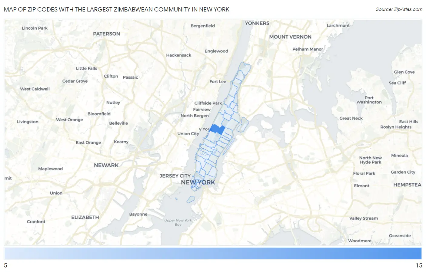 Zip Codes with the Largest Zimbabwean Community in New York Map
