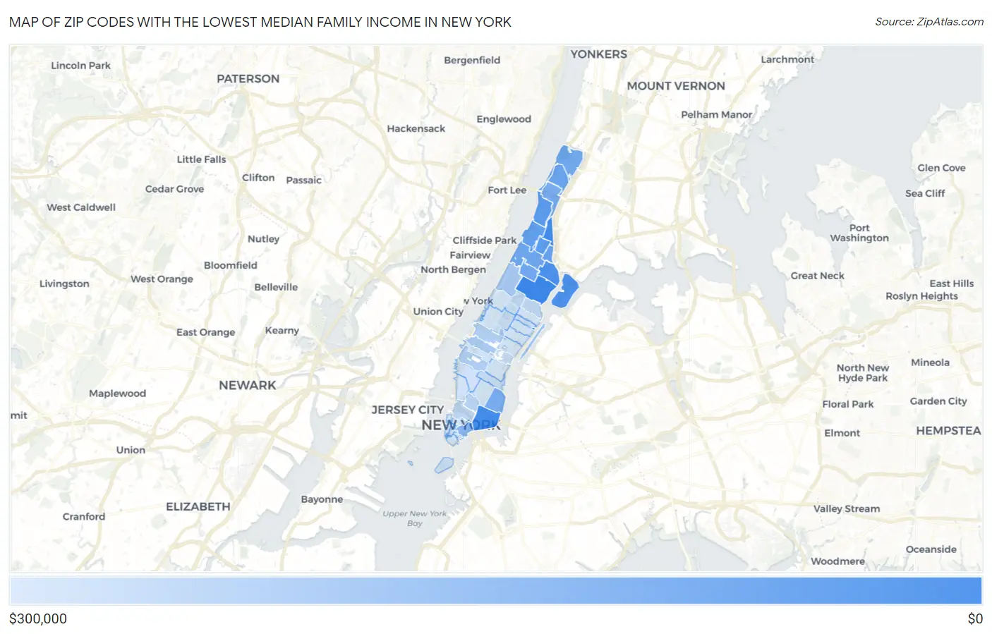 Zip Codes with the Lowest Median Family Income in New York Map